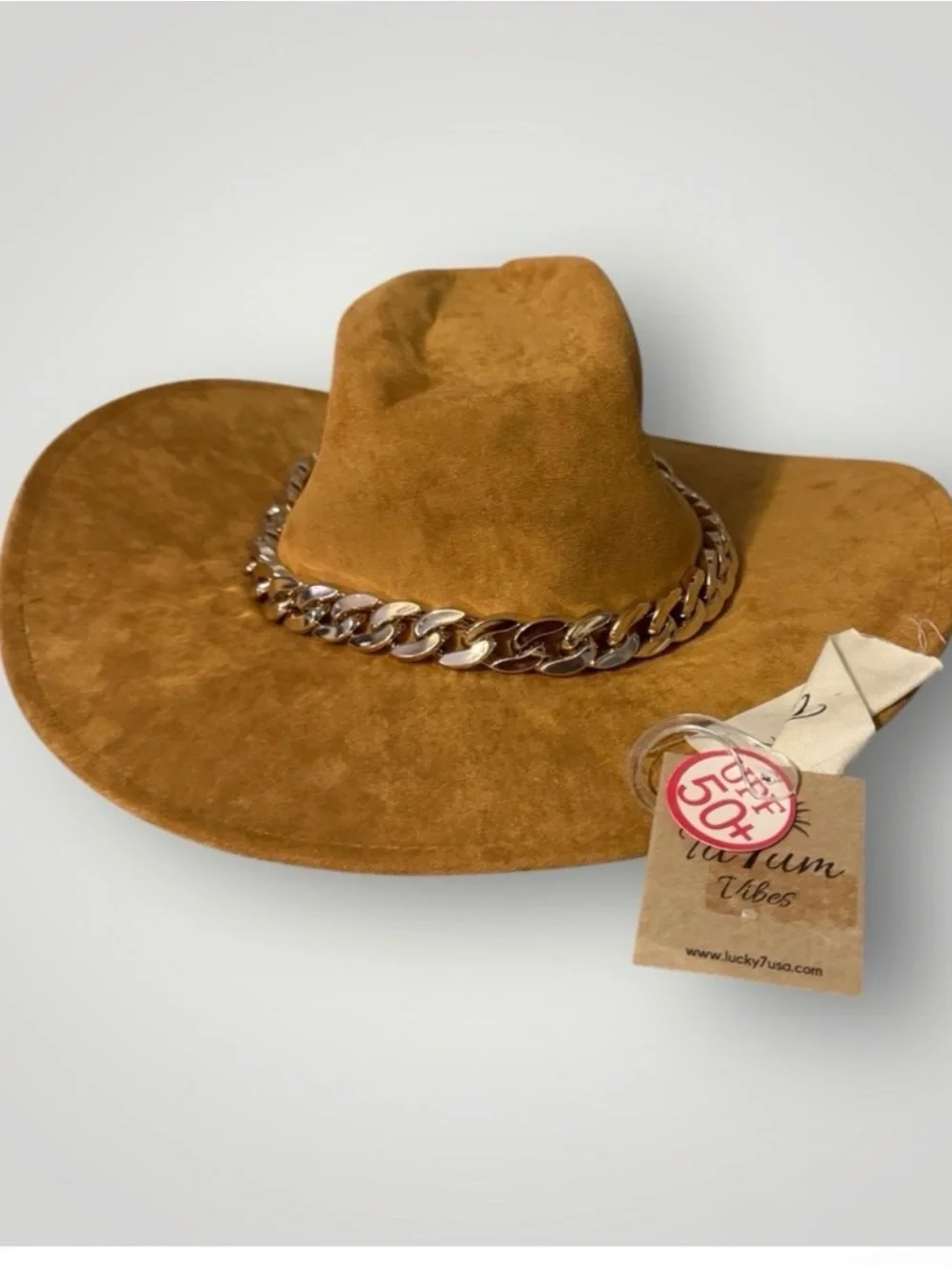 Tan Suede Wide-Brim Hat with Chain Accent-NWT